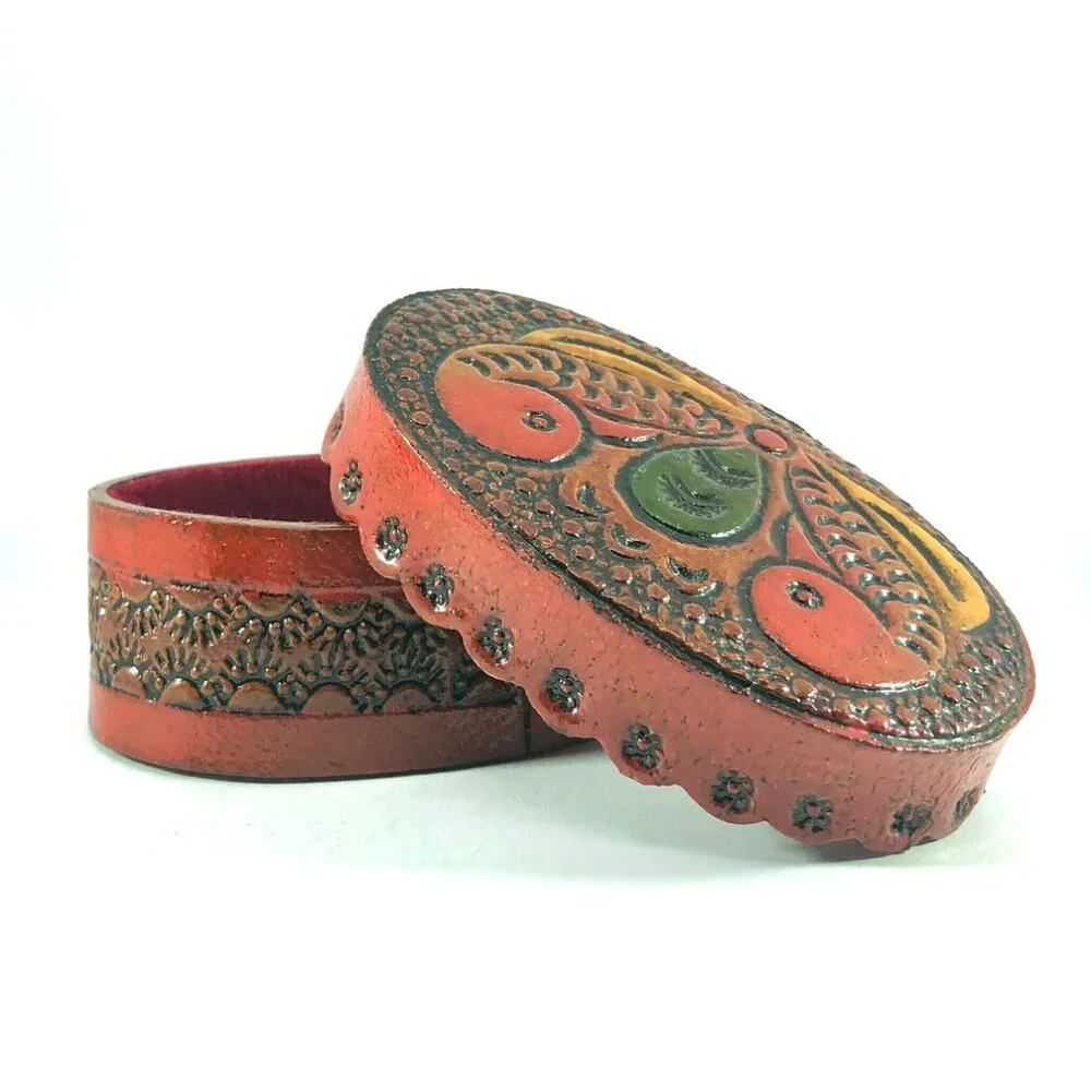 hand tooled leather trinket box butterfly moth folk art keepsake jewelry oval